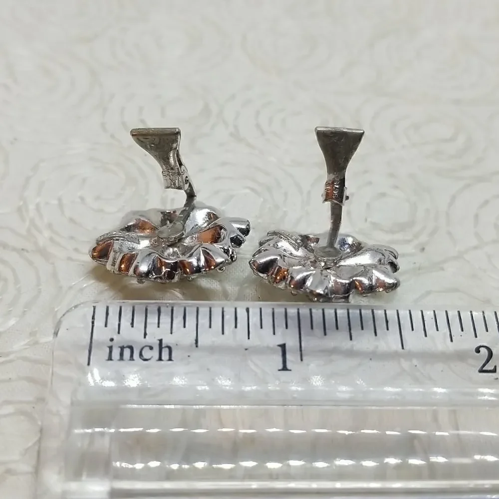 Bogoff Clip Earrings Rhinestone Flowers Petals Vintage